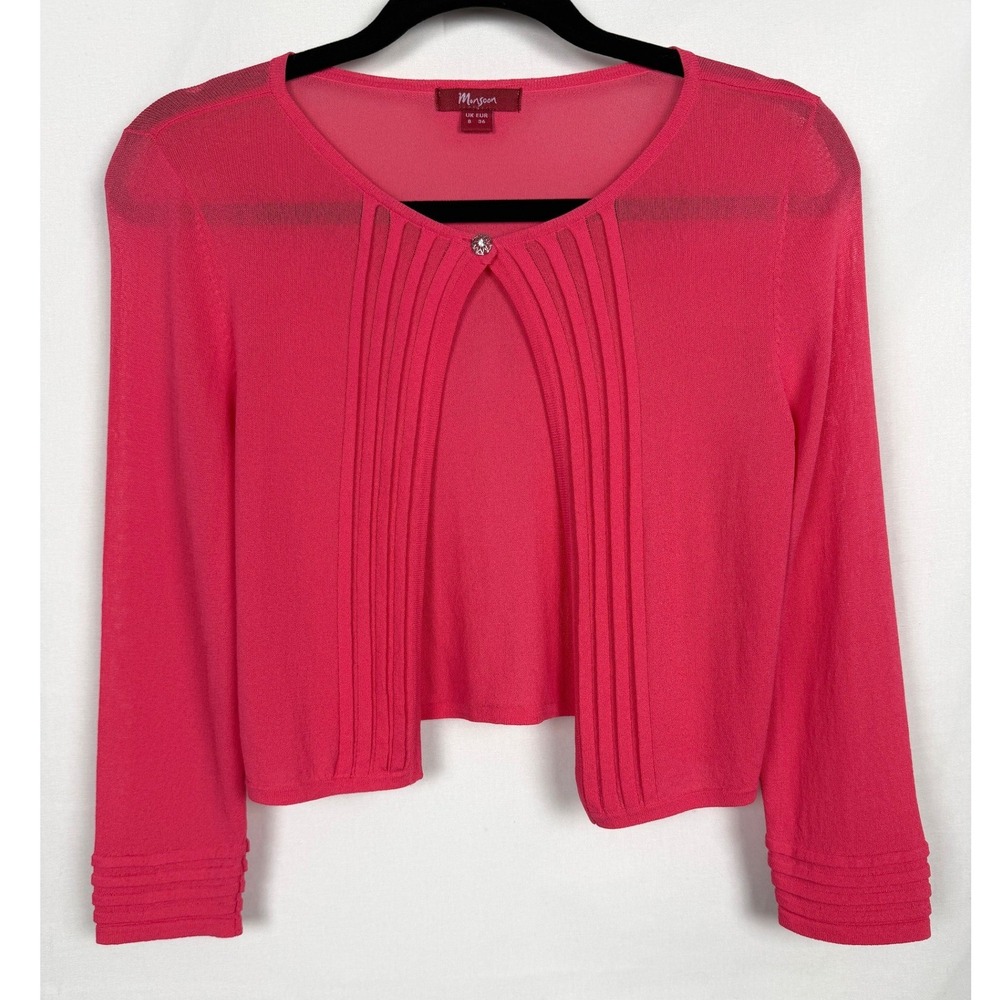 VTG Monsoon Y2K Hot Pink Sheer Knit Cropped Bolero Cardigan Coquette Size Small